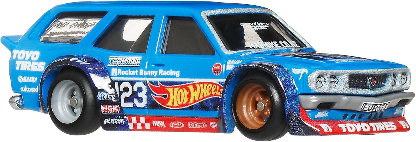 Hot Wheels Car Culture Ronin Run II Mad Mike Mazda RX-3 Wagon/Lemur Ride-On Toy Mini Car, Ages 3 and Up, Blue JBK50