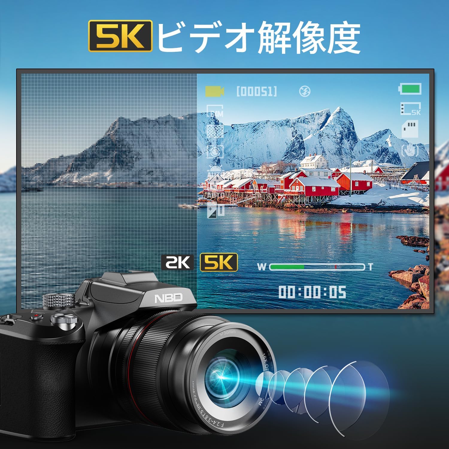 NBD 5K 64 Megapixel DSLR Camera [Wi-Fi and App Control] 16x Optical Zoom Digital Camera Auto Focus and Image Stabilization | 180° Flip Screen & Webcam Function | 32GB Micro SD Card & 2 Batteries