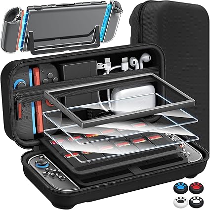 (14 in 1) Switch 2 Exclusive Case, Storage Switch 2, Case + Glass Film with Guide Frame 2 + 4 Stick Caps + Partition Type Design, PC Cover + 24 Game Card Slots, Large Capacity, Storage Bag, Full