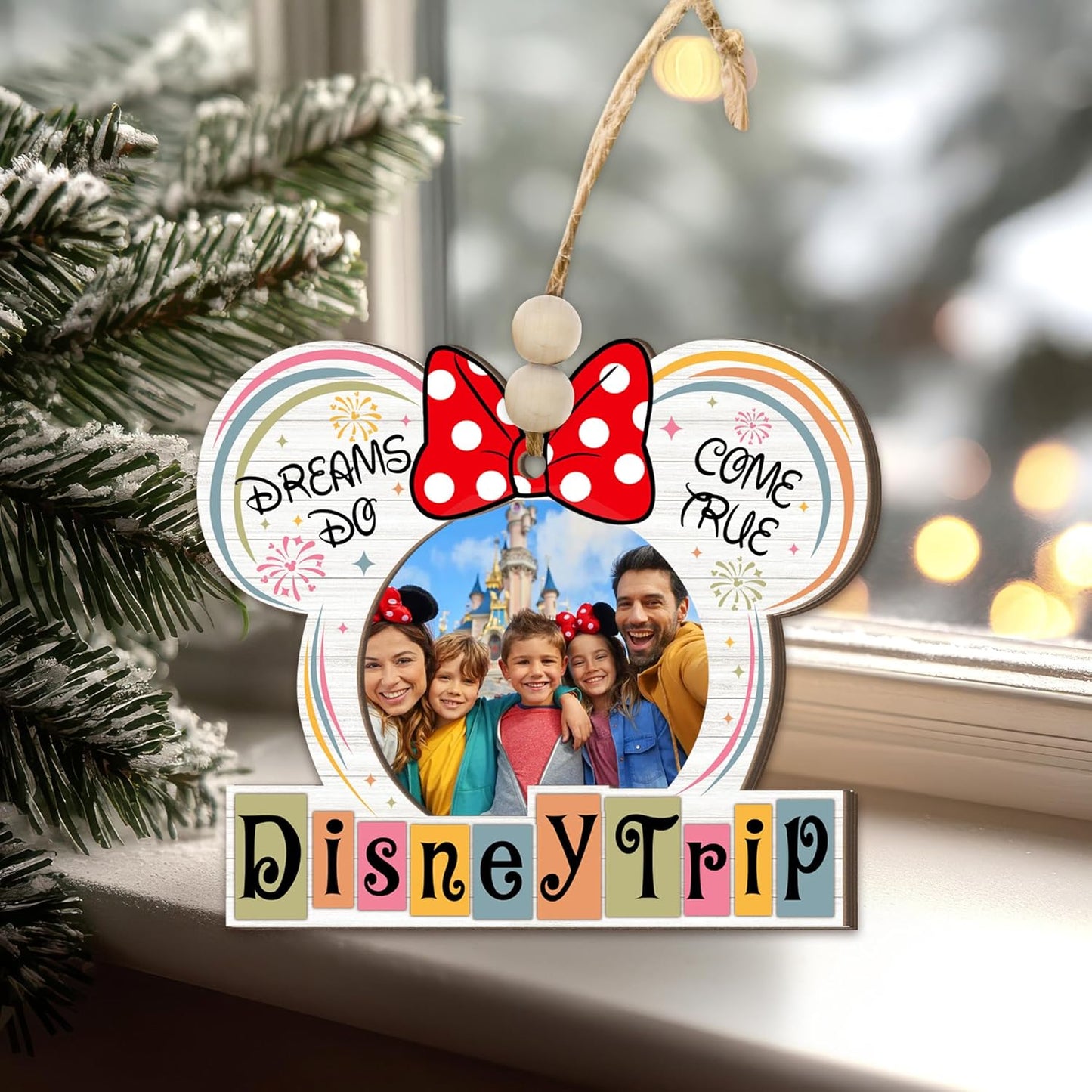 Adorno de Madera para Fotos de Viaje de Vacaciones Familiares – Orejas con Diseño de Lazo, "Dreams Do Come True" Recuerdo de Vacaciones Familiares del Reino Mágico, Decoración Rústica Navideña con