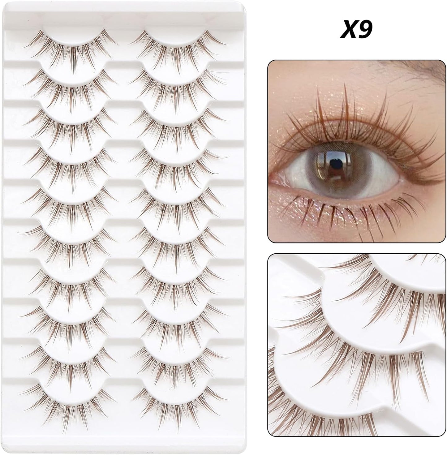 10 Pairs Brown False Eyelashes Clear Band Cartoon False Eyelashes Japanese Anime Cosplay Brown Eyelashes Asian False Eyelashes Natural Look Like Individual Cluster (X9)