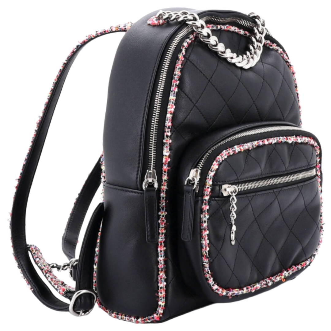 CHANEL 'ELEGANT TRIM' QUILTED LEATHER TWEED NAVY BACKPACK