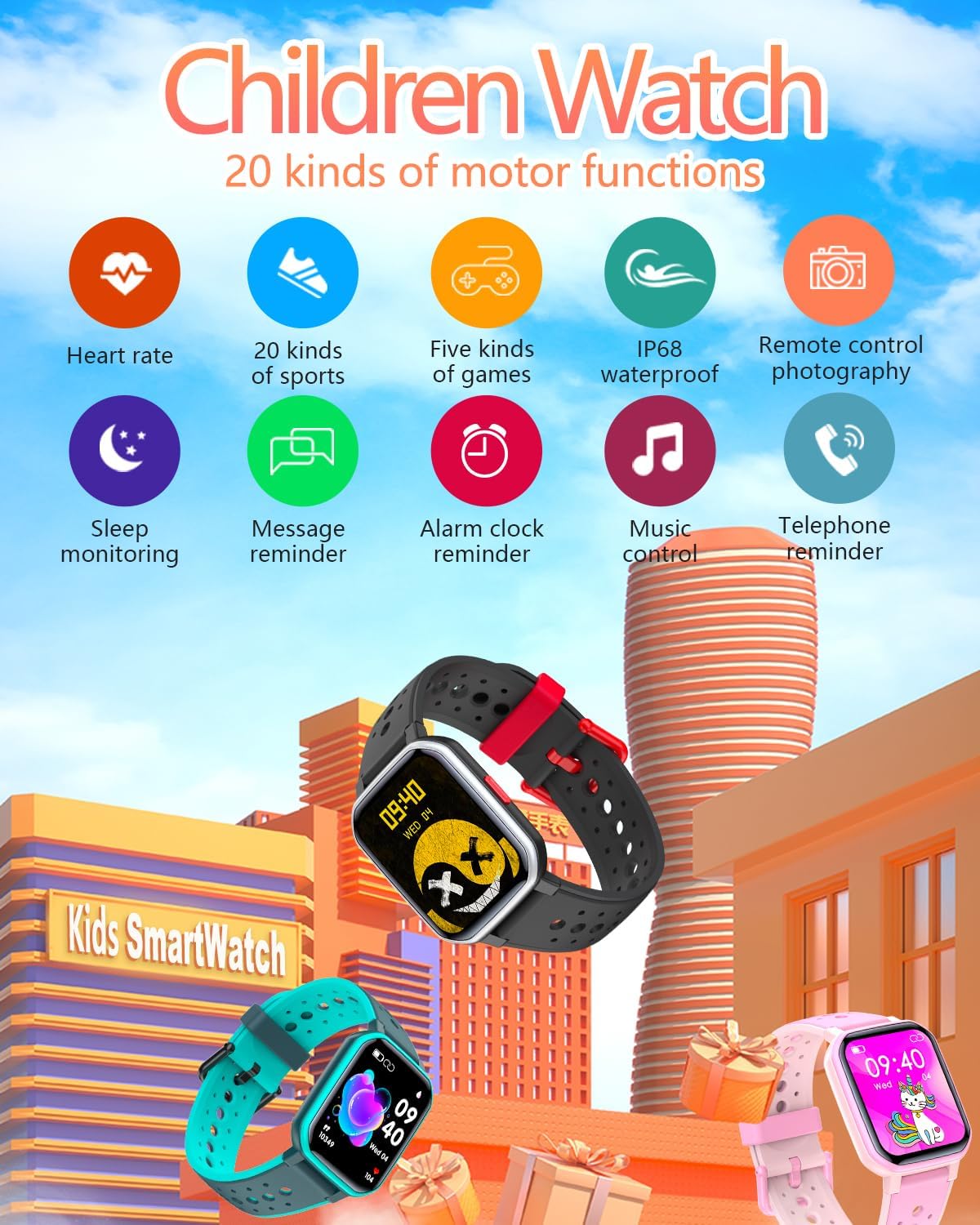 Kids Smart Watch Girls Boys Children Fitness Tracker Watch Kids Smart Watch 1.54 Inch DIY Dial 20 Sports Modes Gaming Pedometer IP68 Waterproof Multilingual Multi-language Multi-Function with Japanese