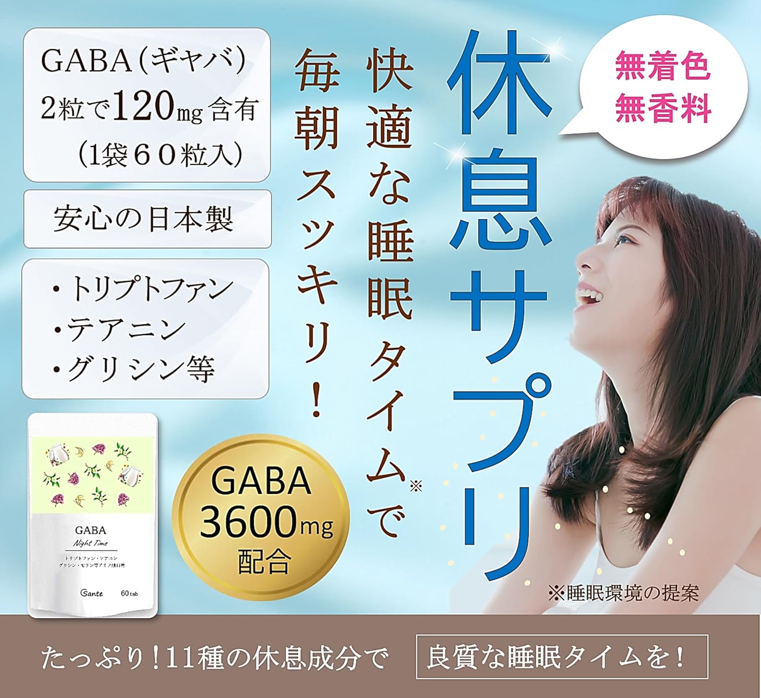 Nippon Sante Sleep Time Supplement GABA 3600mg Formula Tryptophan Glycine etc. 11 Types Made in Japan 60 Tablets