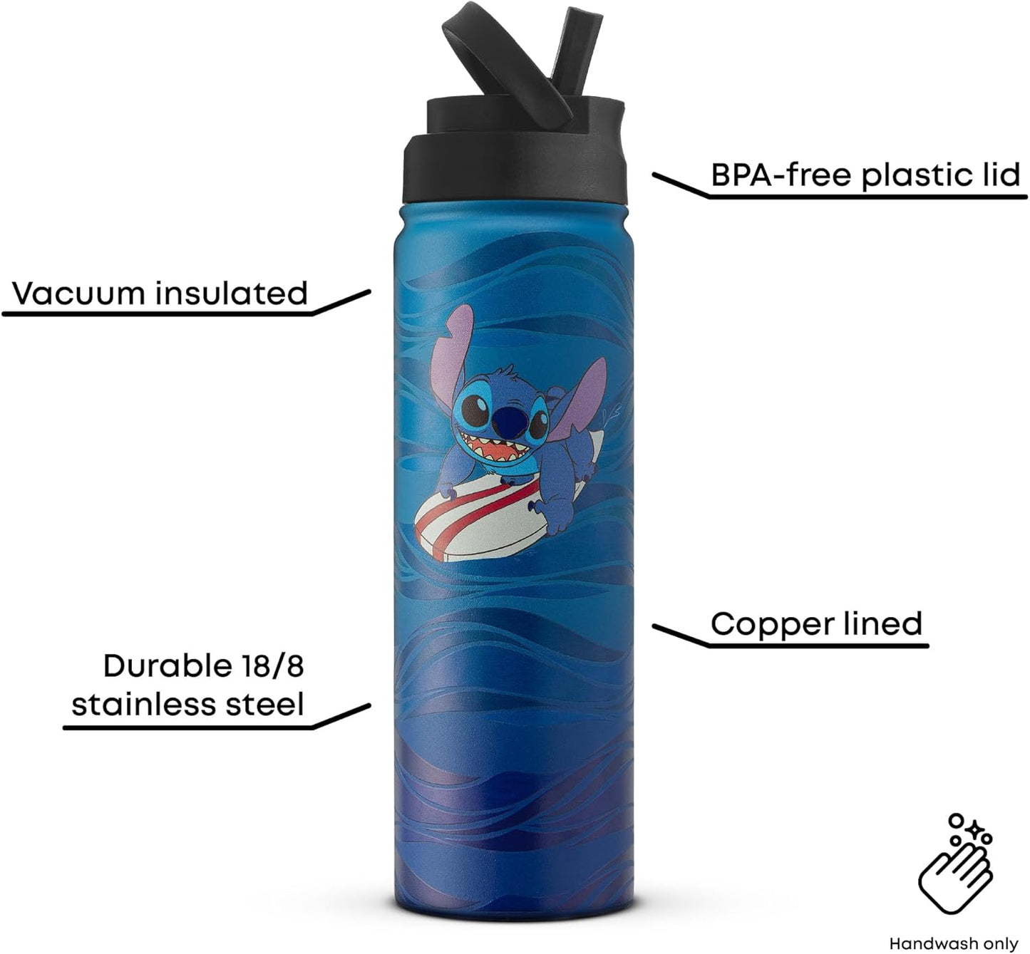 JoyJolt Disney Stitch Surf's Up - Botella de agua de acero inoxidable con tapa abatible, botella de agua aislada al vacío de 22 onzas, vaso sin BPA para escuela, gimnasio, deportes y viajes, regalos