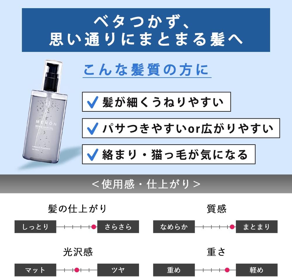 MENON Hair Oil, Men's, 3.4 fl oz (100 ml), Non-Rinsing Treatment, Airy Moisture Formulation, Moisturizing, Additive-free, Menon Hair Oil