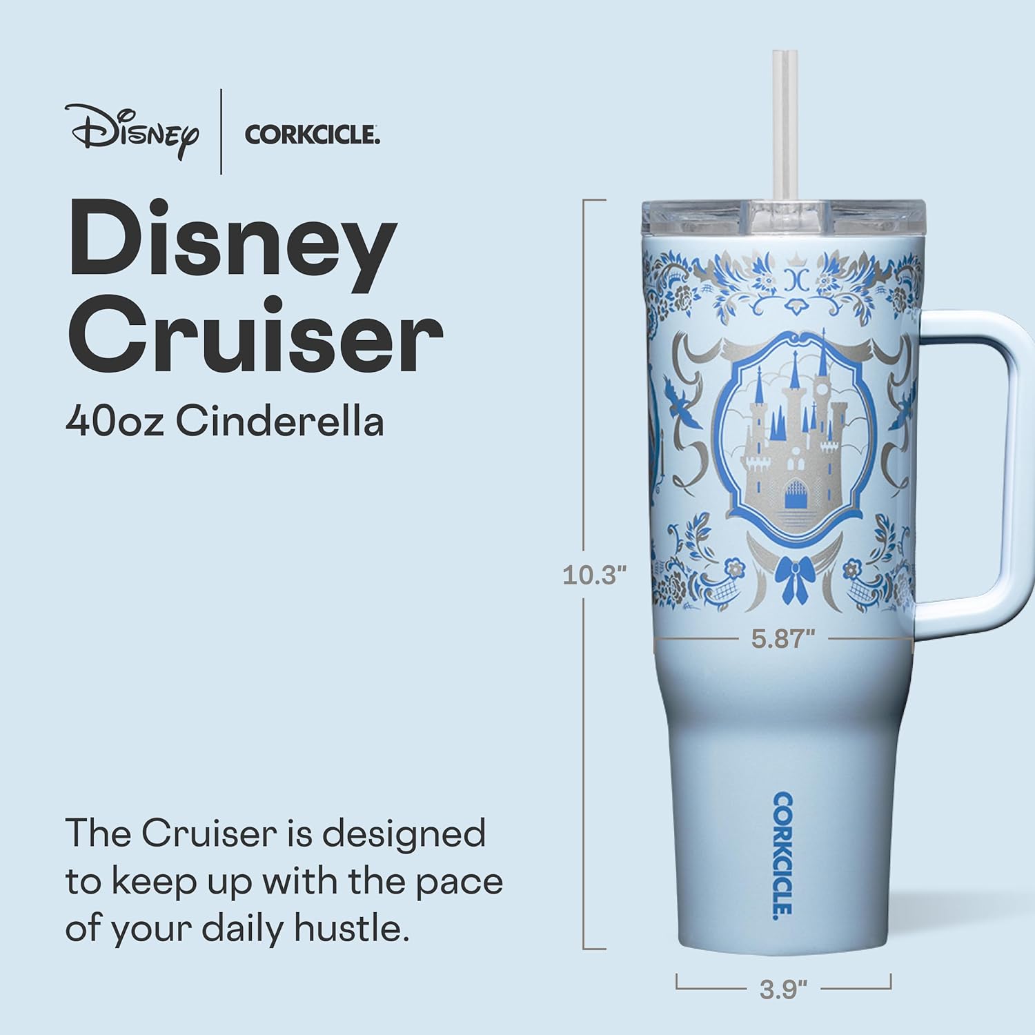 Corkcicle Cruiser Vaso Térmico Aislado con Asa y Pajita - Mantiene las Bebidas Frías 20 Horas - Triple Aislamiento - Regalo de Bebidas de Verano - Mantiene las Bebidas Heladas - 40 oz - Princesa