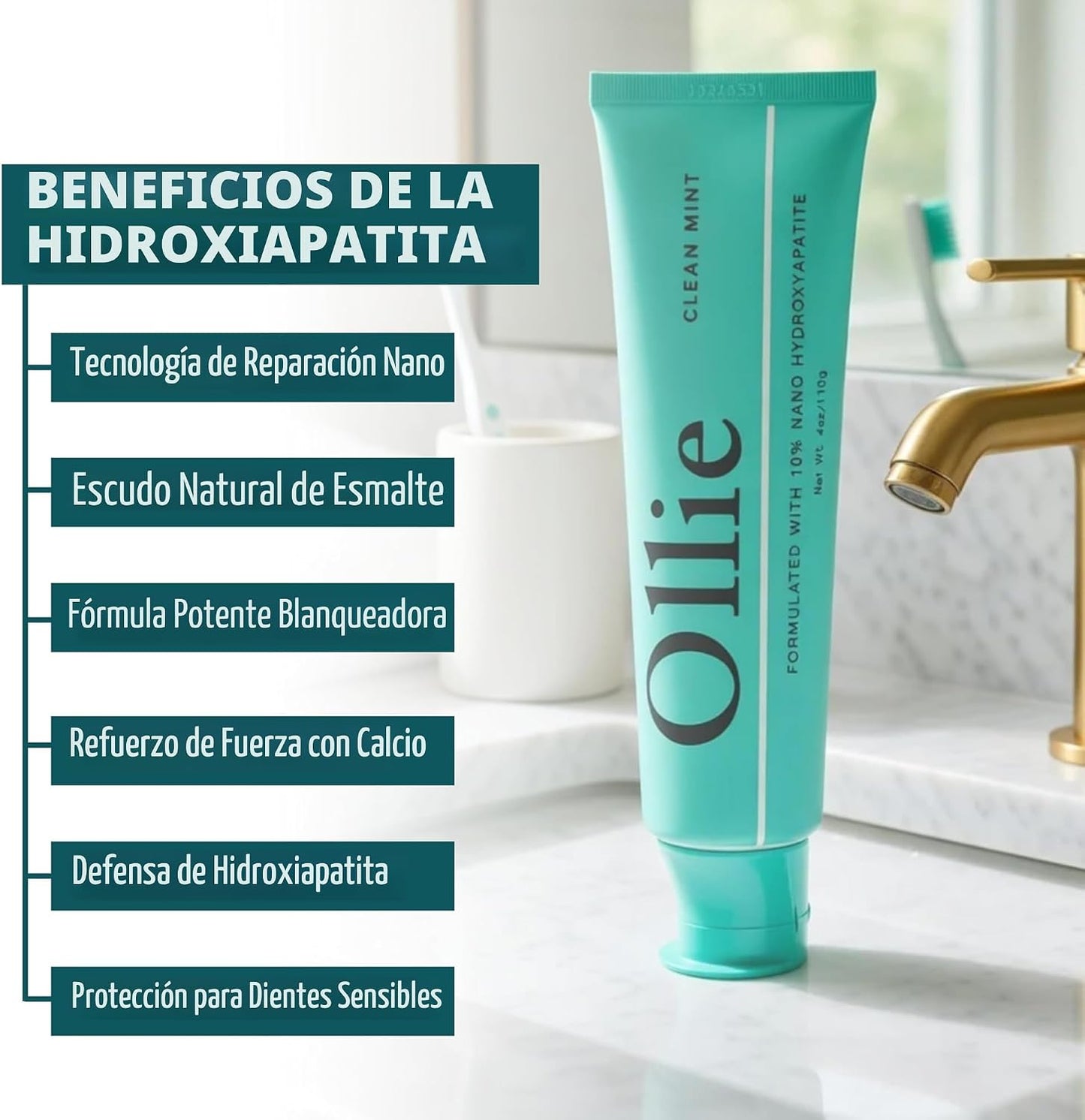 Ollie Pasta de dientes 10% Nano hidroxiapatita sin flúor para esmalte remineralizante, dientes sensibles y blanqueamiento, menta limpia, 4 onzas (paquete de 1)