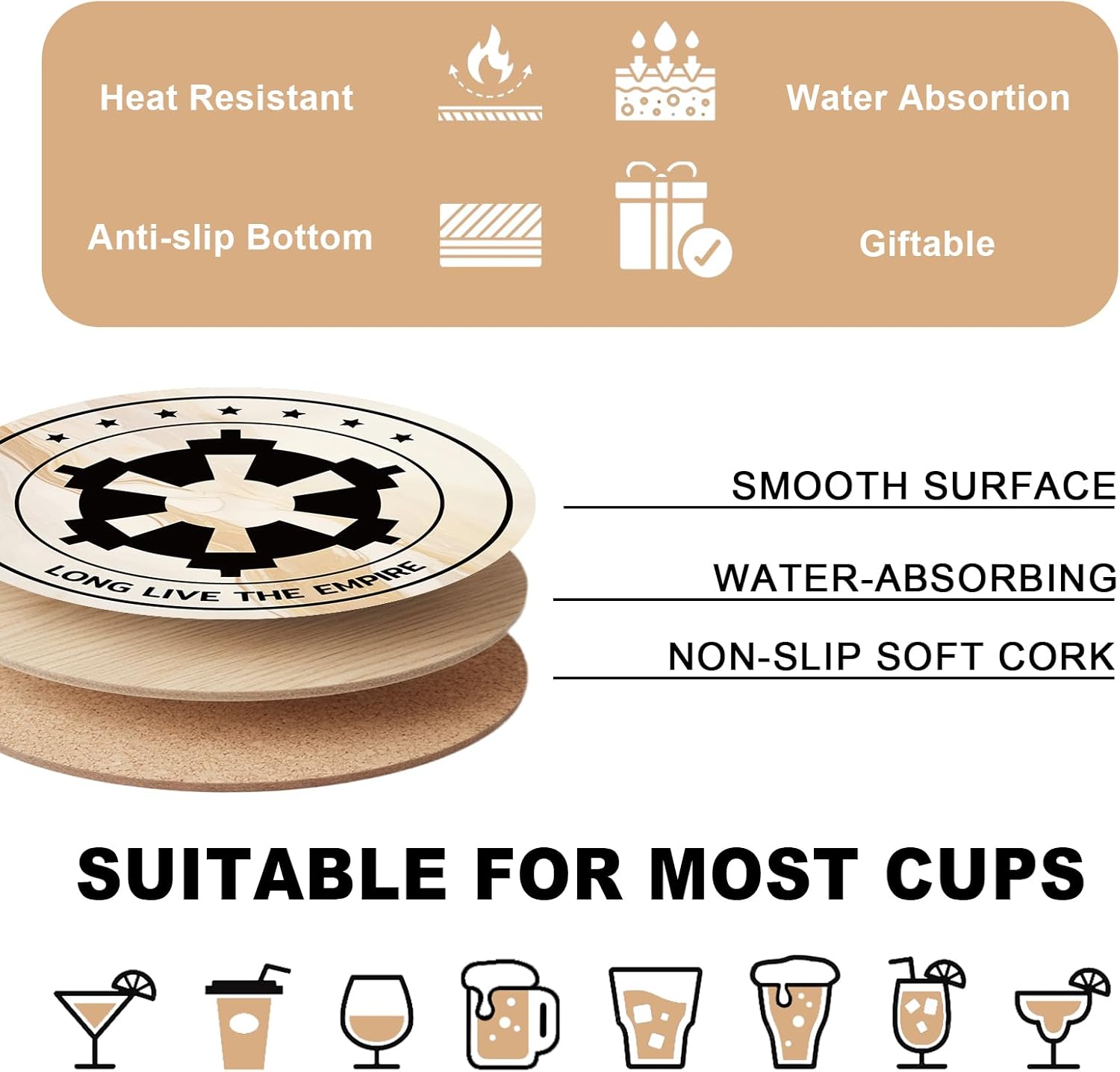 6 posavasos de corcho de Wars para bebidas, posavasos de corcho para bebidas con portavasos, divertida decoración de cocina, adecuados para mesa de café y bar, regalos temáticos de guerras para