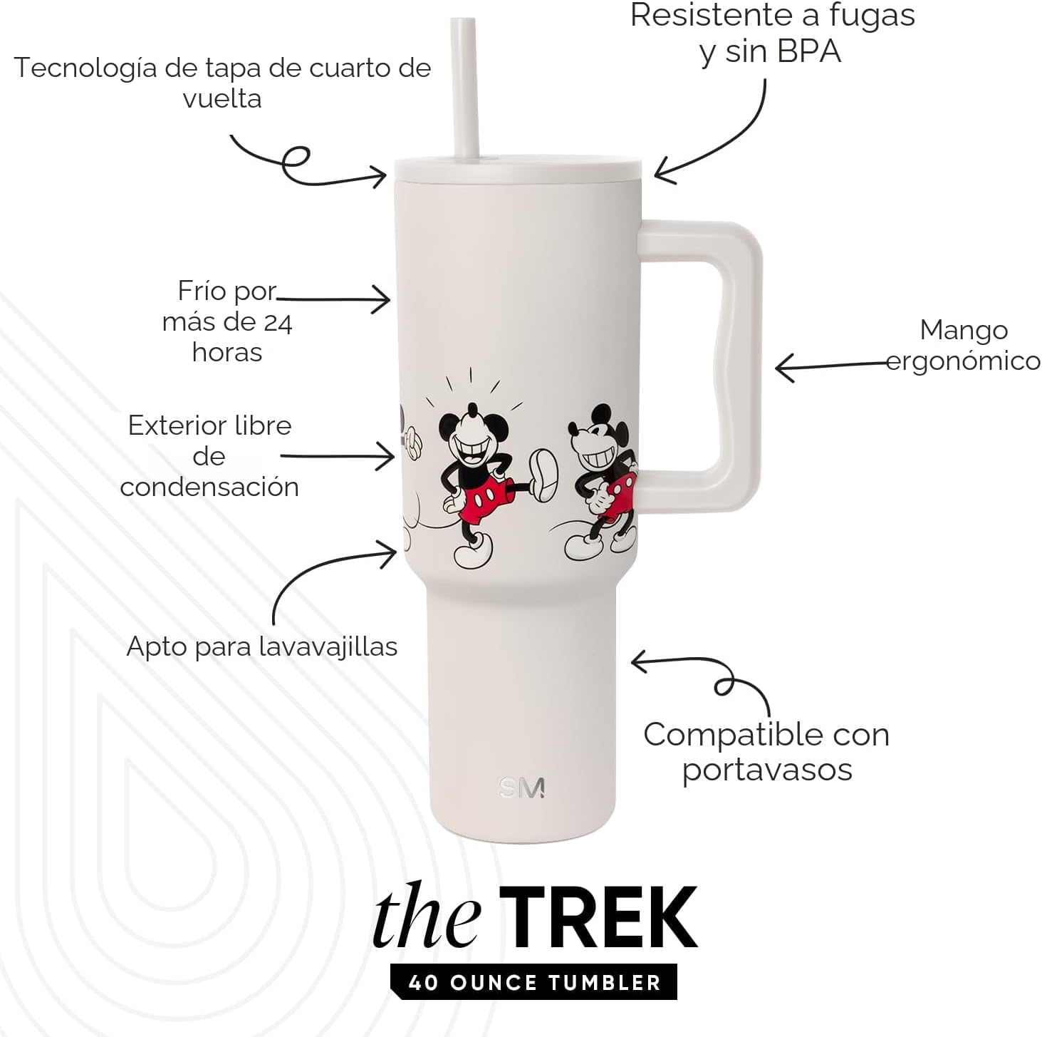 Simple Modern Disney Vaso de 40 oz con Asa y Tapa con Pajita | Botella de Agua de Acero Inoxidable Aislada Reutilizable Taza de Viaje | Regalos para Mujeres Hombres Él Ella | Colección Trek | 40oz |