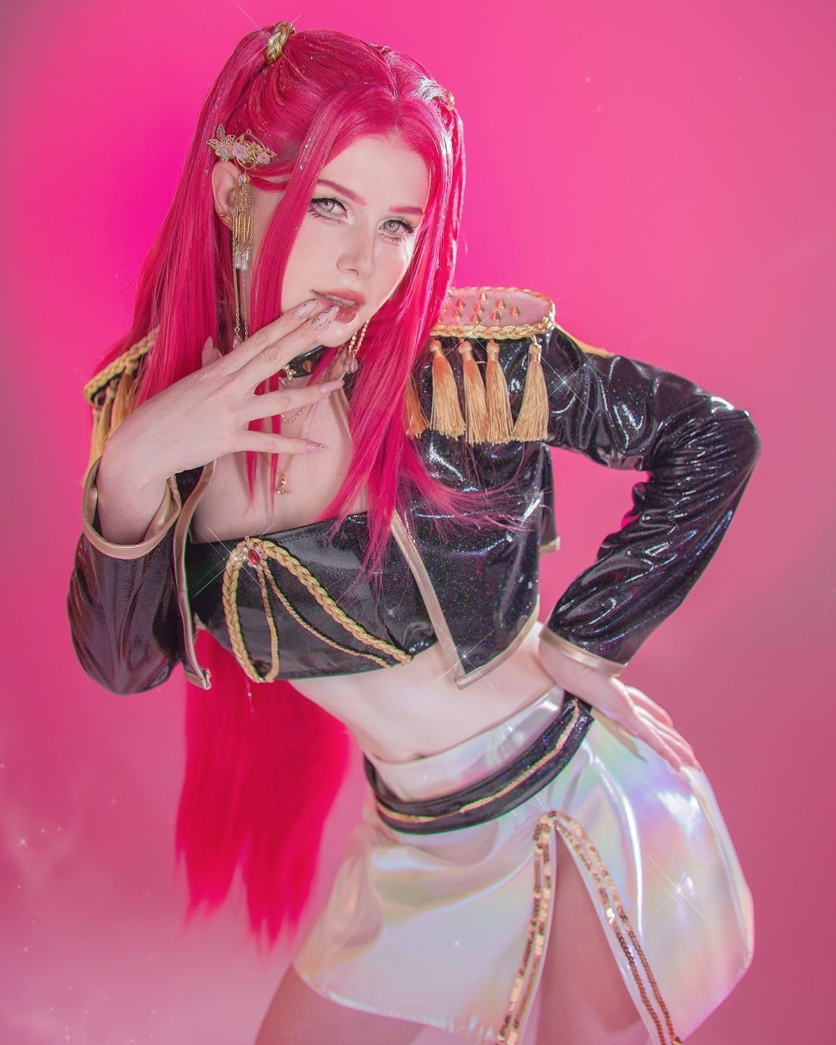 Kids Anime Demon Rumi Cosplay Wig Long Purple Plaid for Mira/Zoe Costumes Heat Resistant Halloween Cosplay Accessories (Purple - Rumi) (Pink-Mira)