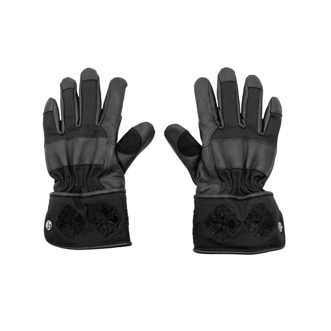 CHROME HEARTS 'SILVER BUTTON SUEDE LEATHER CROSS' MOTORCYCLE GLOVES