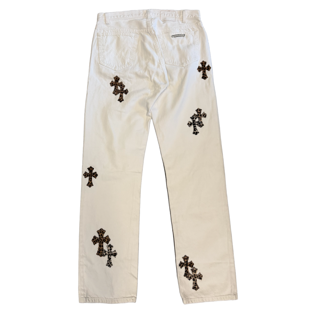 CHROME HEARTS '19 CHEETAH PATCH' WHITE JEANS