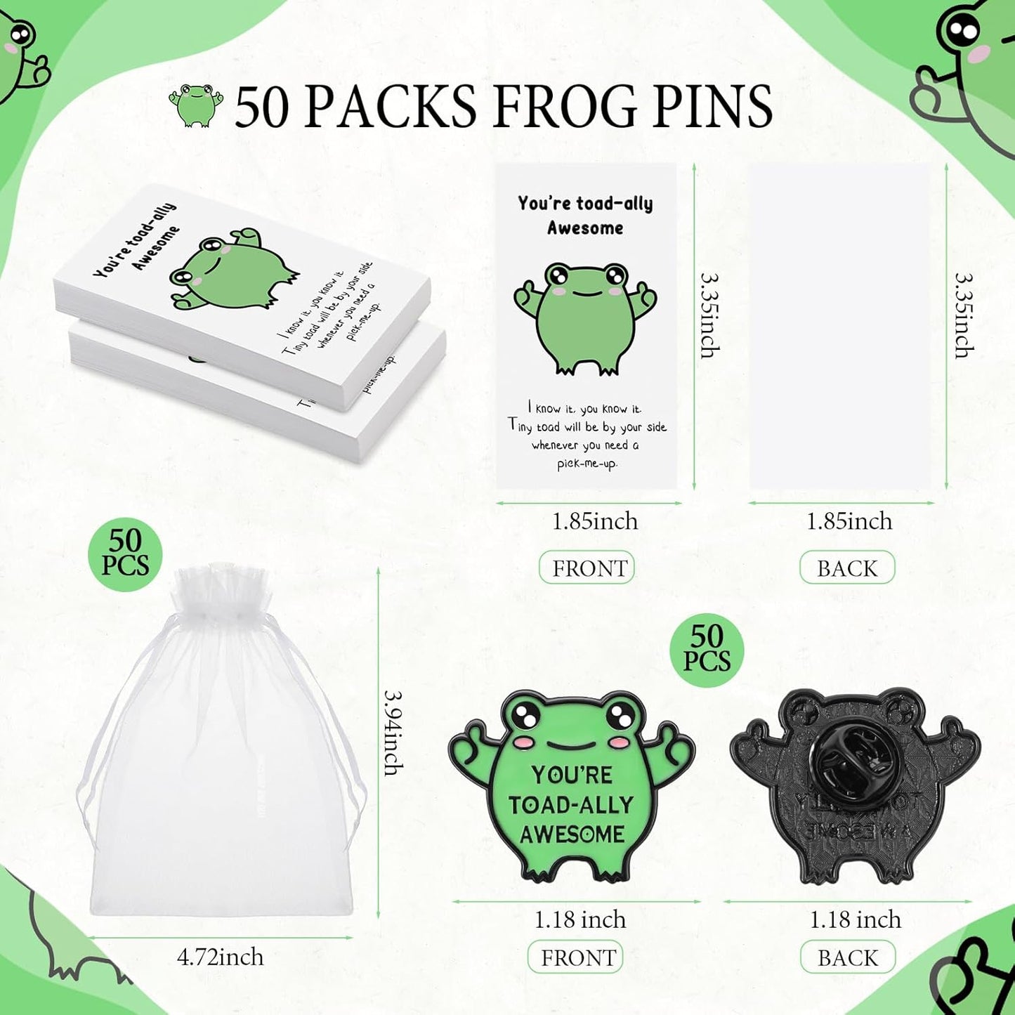 Lyrow - Juego de 50 pines de rana de dibujos animados, suministros de bienvenida a la escuela, broche de apoyo emocional con bolsas inspiradoras para tarjetas, regalo de agradecimiento para estudiantes, empleados, compañeros de trabajo, equipo de personal