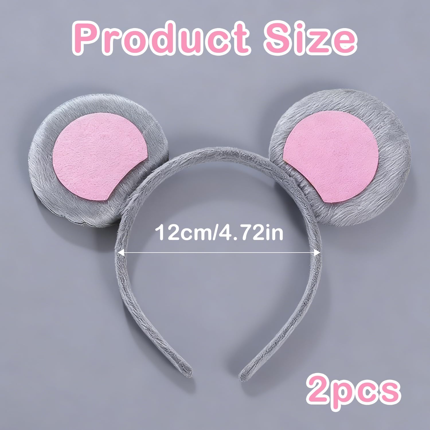 Pack of 2 Mouse Ears Headband Grey & Pink Soft Fabric Rat Ears for Adults and Children, Costume Accessories Carnival Party Halloween