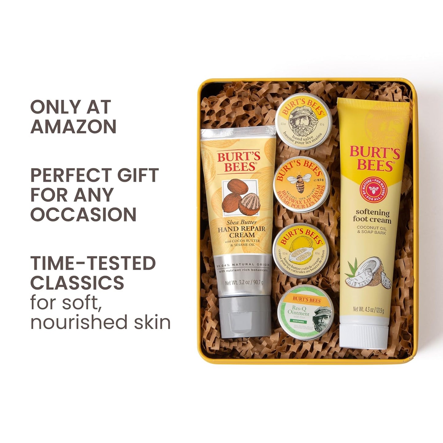 Ideas de regalos de Burt's Bees - Set clásicos, 6 productos en lata de regalo – Crema para cutículas, bálsamo para manos, bálsamo labial, ungüento Res-Q, reparación para manos y crema para pies