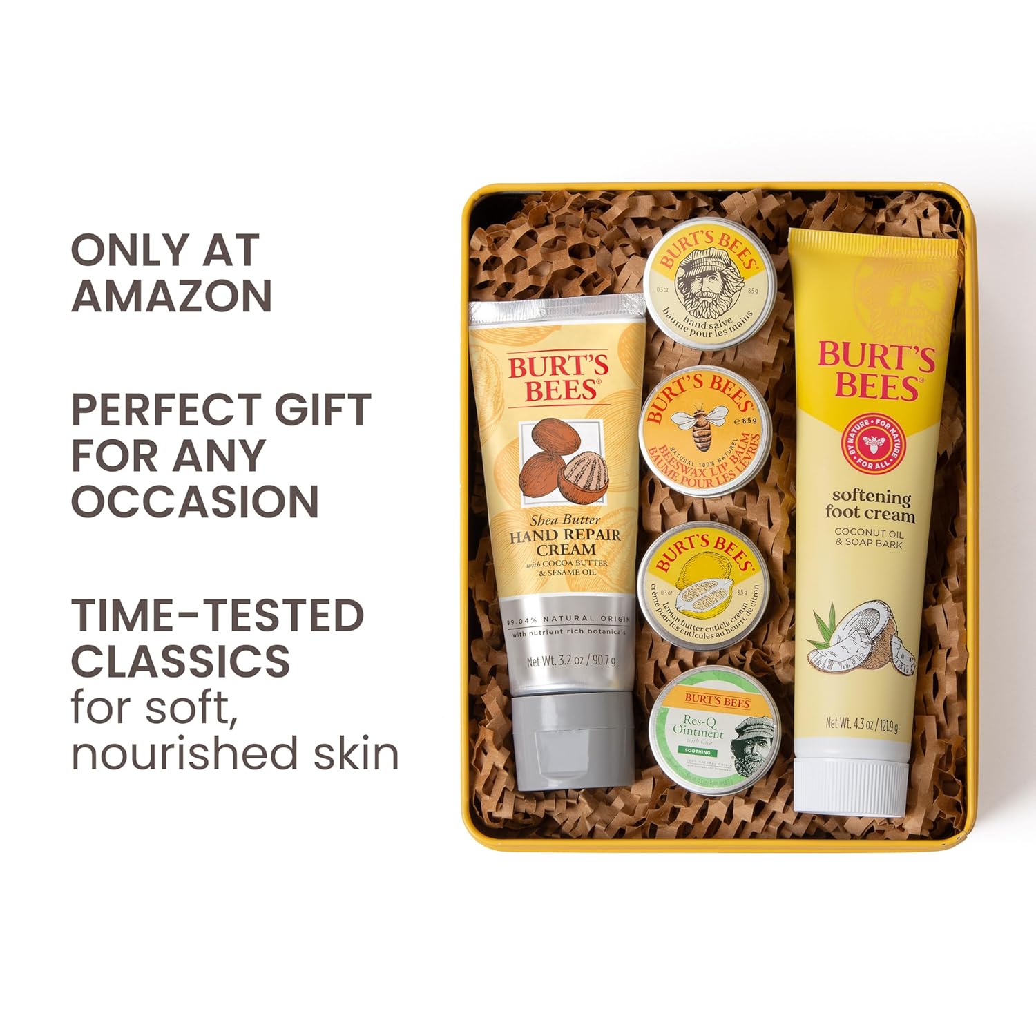 Ideas de regalos de Burt's Bees - Set clásicos, 6 productos en lata de regalo – Crema para cutículas, bálsamo para manos, bálsamo labial, ungüento Res-Q, reparación para manos y crema para pies