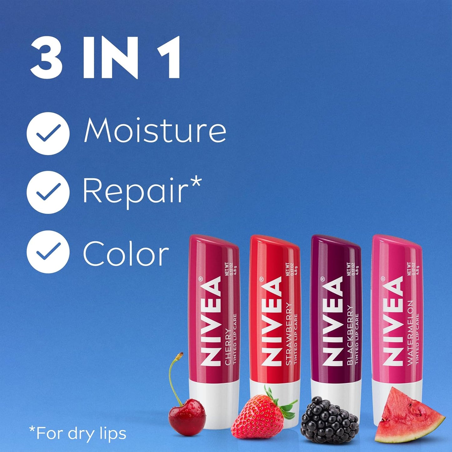 NIVEA Lip Care, Paquete Variado de Bálsamo Labial Tintado Frutal, Sabores a Cereza, Fresa, Mora y Sandía, Humedad, Reparación y Color 3-en-1, Barra de 0.17 Oz, Paquete de 4