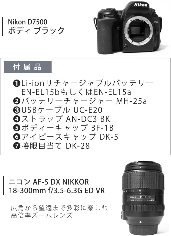 Nikon DSLR D7500 Body & Lens NIKKOR 18-300mm & SD Card 32GB & Cleaning Kit & Sticky Cloth & Camera Bag & Screen Protector & Cloth (Set of 8)