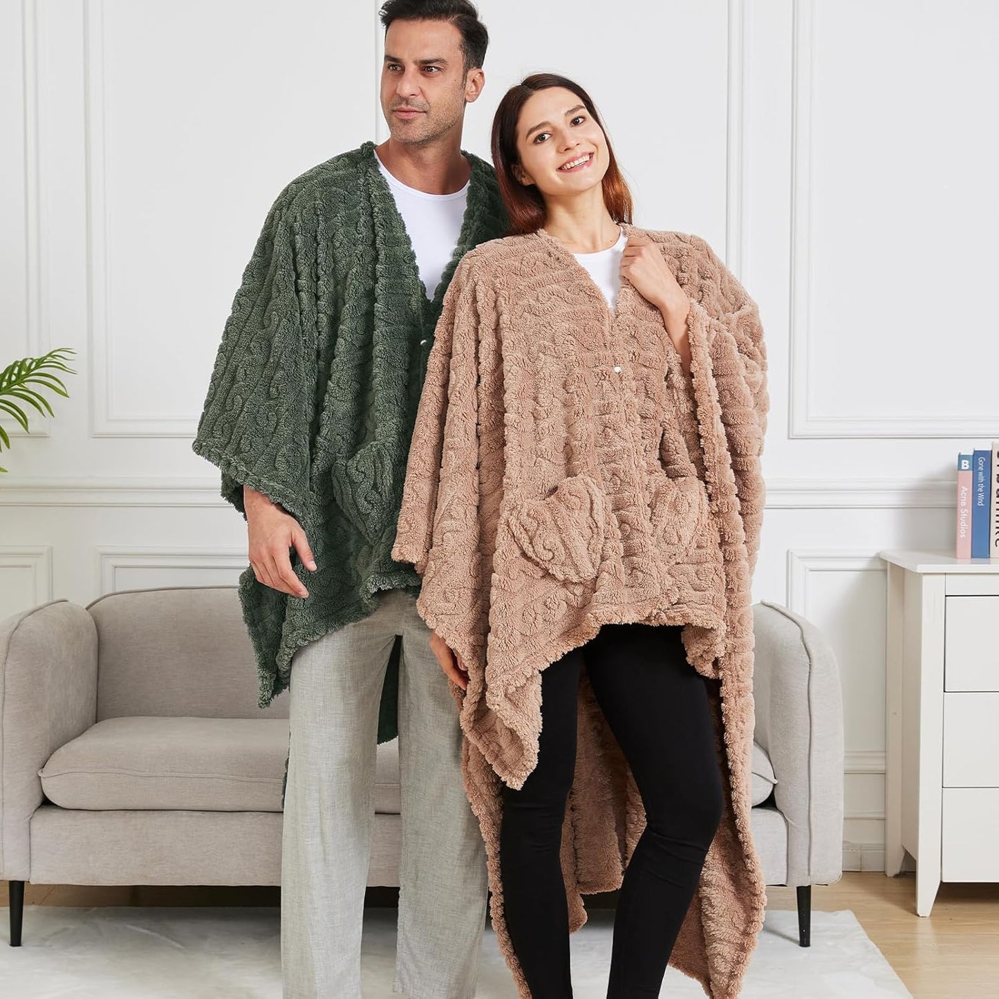 Manta de Poncho para adulto, acogedora manta de forro polar Sherpa con bolsillos para la oficina y el salón (verde, 58 x 64 pulgadas)