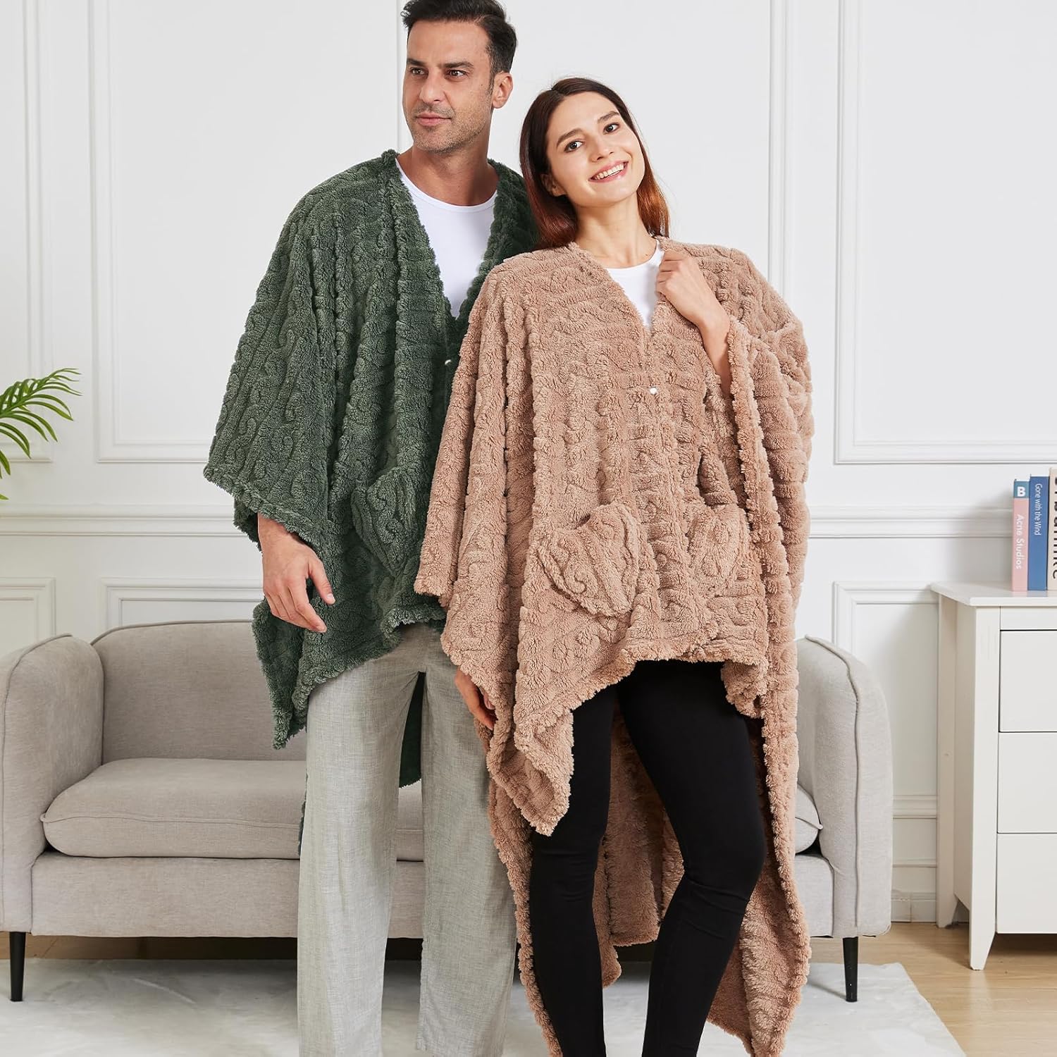 Manta de Poncho para adulto, acogedora manta de forro polar Sherpa con bolsillos para la oficina y el salón (verde, 58 x 64 pulgadas)
