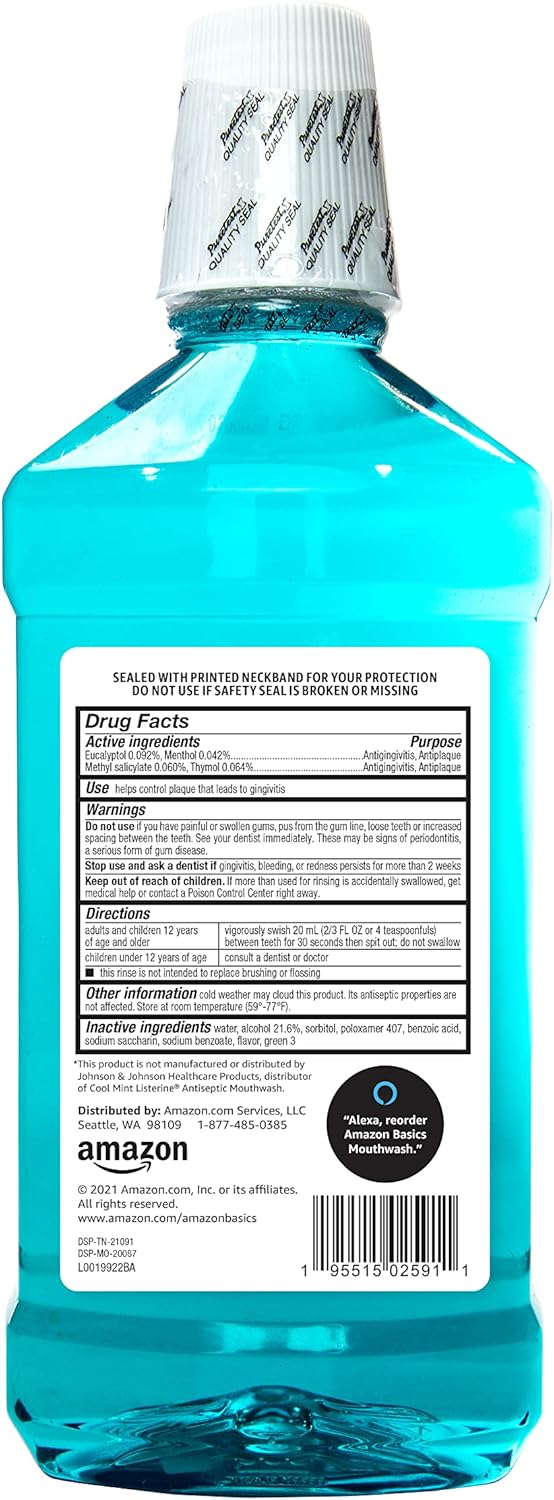 Basics Enjuague bucal antiséptico, menta azul, 1 litro, 33.8 onzas líquidas, 1 paquete (anteriormente Solimo)