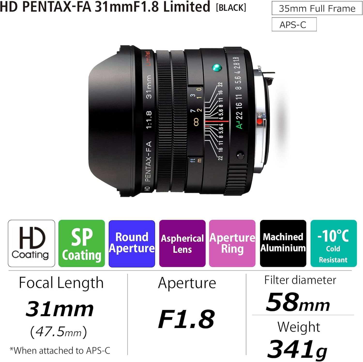 Pentax HD 31 mm F1.8 Limited Black Lens, Wide Angle Prime Lens [F1.8 Large-aperture Lens] [High Performance HD Coating] [SP Coating] [Round Diaphragm] [Machined Aluminum Body] (20210)
