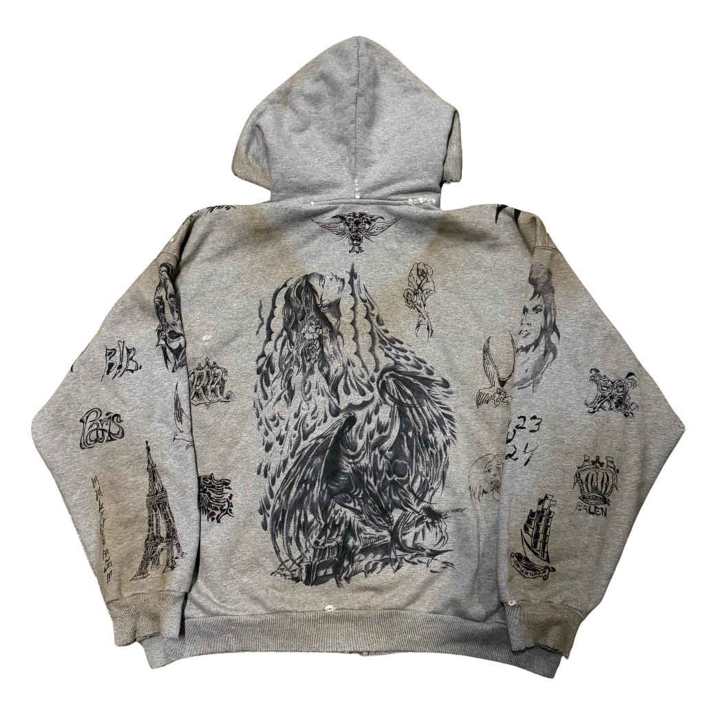 BALENCIAGA 'TATTOO' GREY ZIP UP HOODIE