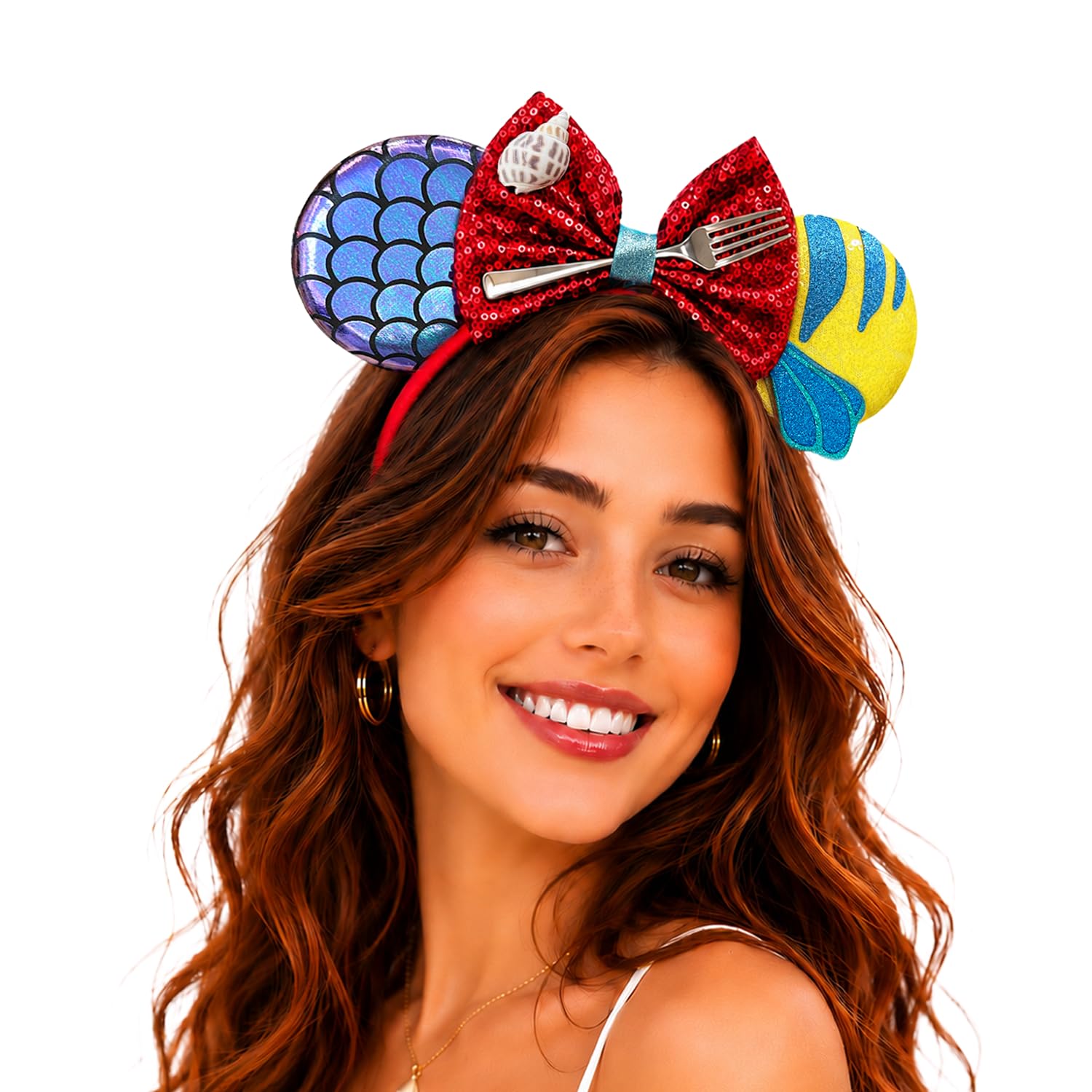 Diadema con orejas de ratón de sirena para mujer, escamas de pez, orejas y lazos de lentejuelas | Diadema con orejas de ratón para fiesta de cumpleaños de sirena, disfraz de Halloween