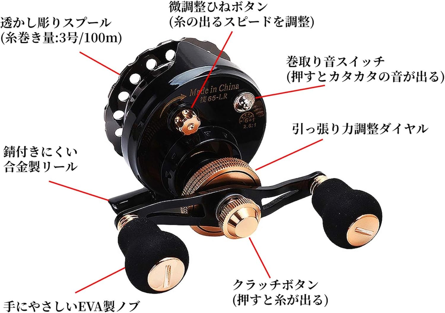 Fishing Reel, Chinu, Claudai, Raft, Scallop Fishing, Ice Fishing, Drop Clutch with Drag Function, Black Alloy