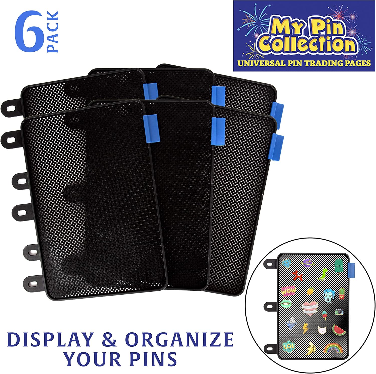 Paquete de 6 páginas de exhibición de pines esmaltados para carpeta de 3 anillas, sin hundimiento (negro) | 6pc flat no-sag binder inserts securely hold & display Disney trading or lapel enamel pins with backings. (Pins not included)