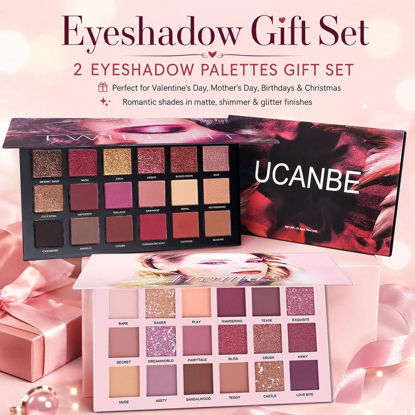 CHARMCODE Juego de 2 Paletas de Sombra de Ojos Crepúsculo Anochecer + Aromas Nude Maquillaje, Mate Brillante con Purpurina Perla Prensada Todo Altamente Pigmentado Polvo Difuminador, Kit de Sombra de