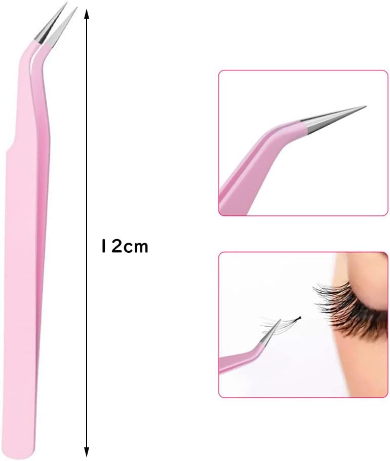 Samcos Eyelash Tweezers Pink Straight Stainless Steel Fine Work False Eyelash Tweezers Set of 2
