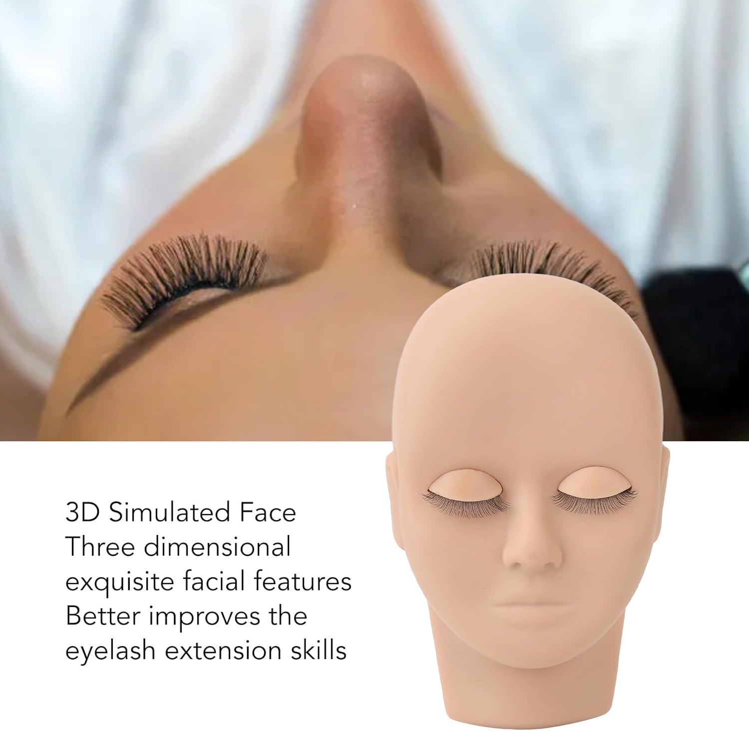 3D Simulated Face Double Eyelashes, Rubber and Silicone, Lash Mannequin Head, Beginner Eyelash Extensions, Reusable, Make Up, Facial, Massage, Acupuncture, 6.9 x 4.25 Inches (Light Brown)