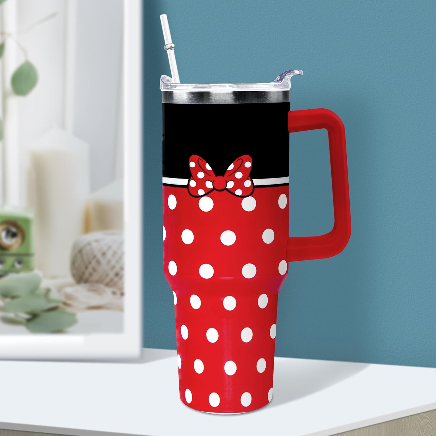 Vaso Tumbler de Ratón de Dibujos Animados de 40 Oz con Tapa y Pajita de Acero Inoxidable Aislado con Asa Lazo Taza de Café de Viaje - Regalo de Cumpleaños, Navidad