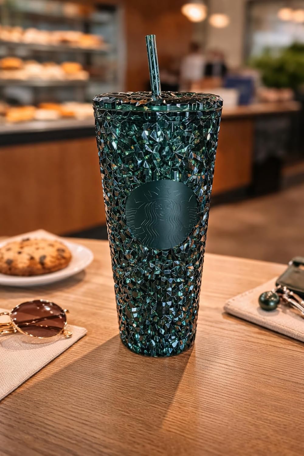 Starbucks Deep Emerald Gemstone Cold Cup - Vaso de acrílico reutilizable de 24 onzas con tapa y popote