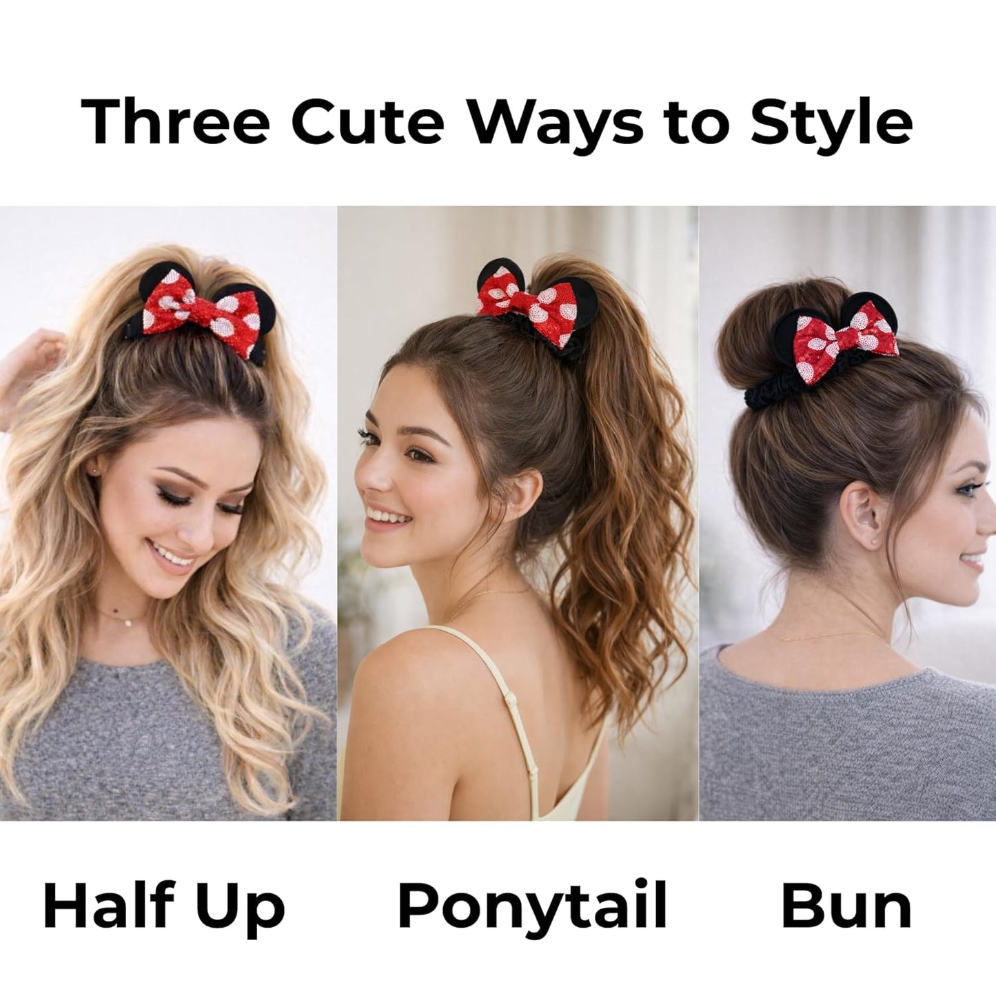 Styla Hair Paquete de 2 coleteros de ratón para niños, de terciopelo, con lentejuelas brillantes, para cola de caballo (rojo y negro)