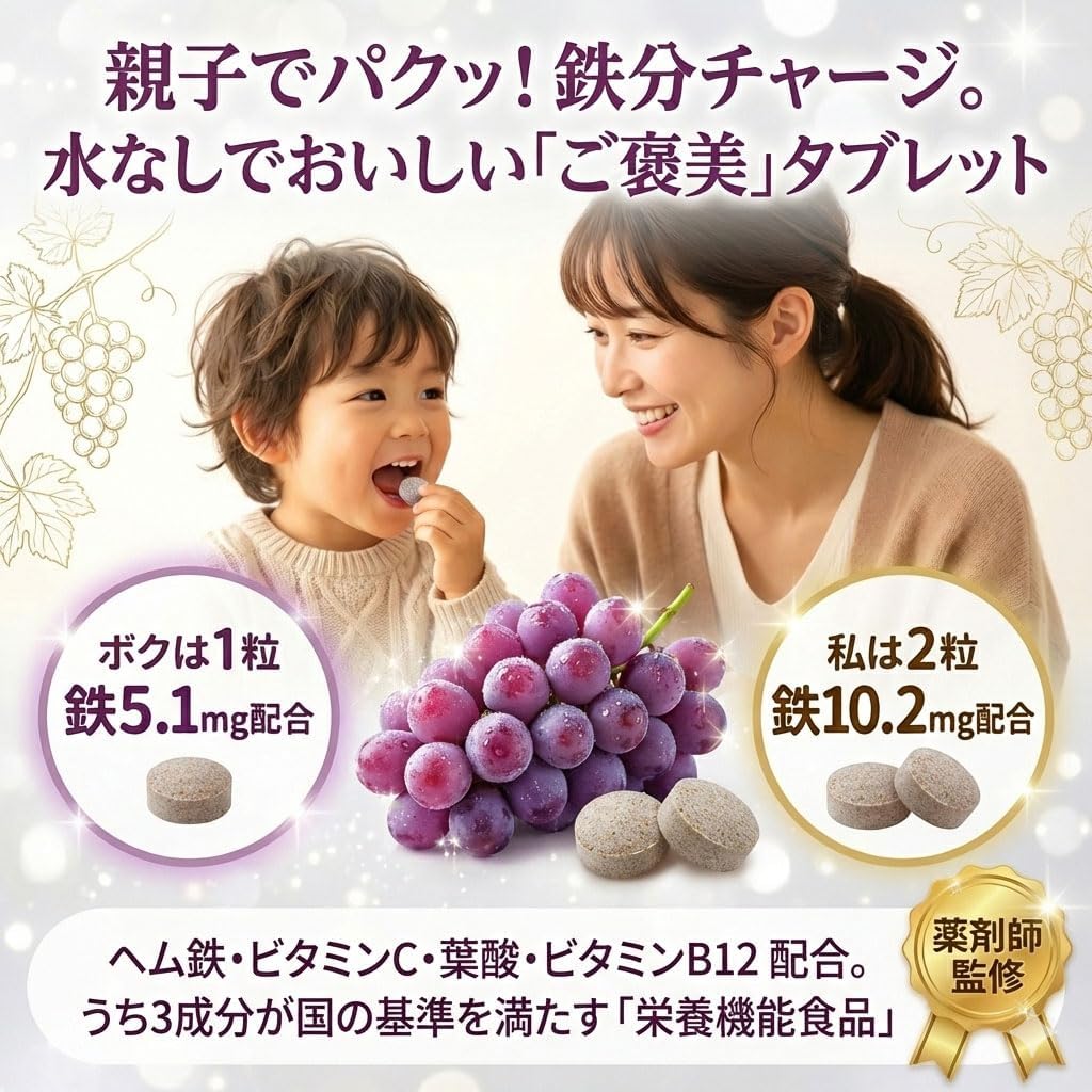 【薬剤師監修】たべリッチ ヘム鉄 鉄分 サプリ チュアブル 子供 親子 (30〜60日分) 栄養機能食品 (葉酸/ビタミンC / ビタミンB12) 4つの無添加 水なしで食べられる グレープ味 60粒 MyWellsy 日本製