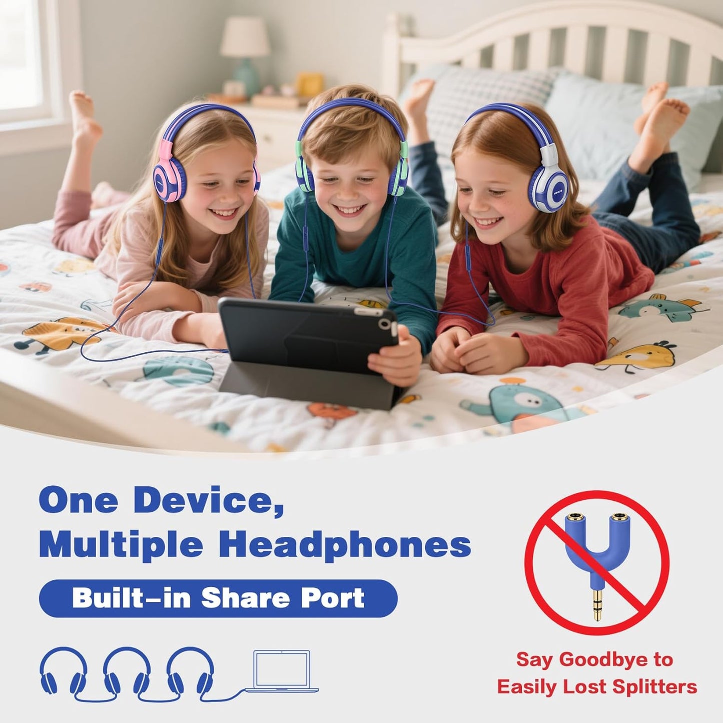 SIMOLIO Manyshare Series - 2 Pack Kids Headphones for School with Sharing Port 75/85/94dB Volume Limited Wired Headphones with Mic for Chromebook iPad Foldable Headset Airplane School Gaming for Boys Girls