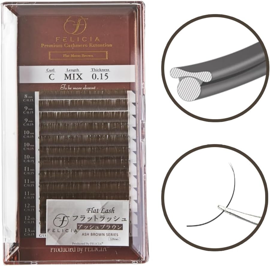 FELICIA Ash Brown Flat Lash, Ultra Soft Eyelash Extension, Single MatteTec Eyelash, C Curl, 0.06 inch (0.15 mm), Thickness 0.3 - 0.5 inch (8 - 13 mm), Mixed