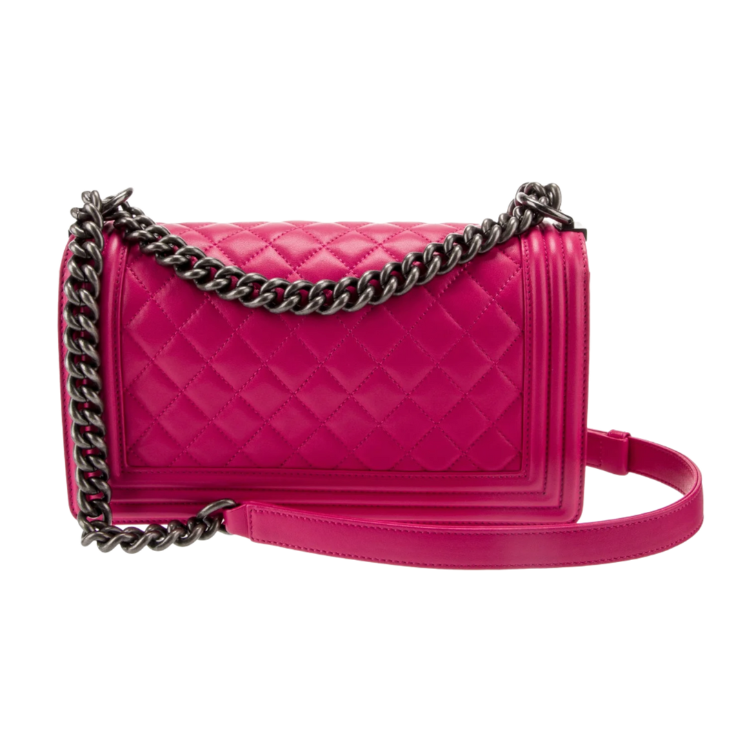 CHANEL 'BOY FLAP' QUILTED LAMBSKIN PINK MEDIUM BAG