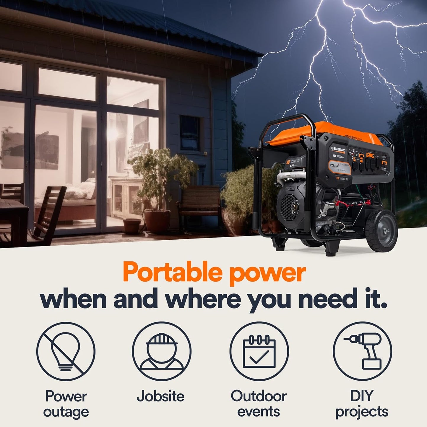 Generac 15,500 Watt Gas Powered Portable Generator - Powerful Electronic Fuel Injection Engine - COsense Technology - Emergency Backup Power and Field - 49 State Compliant - Home Orange / Black