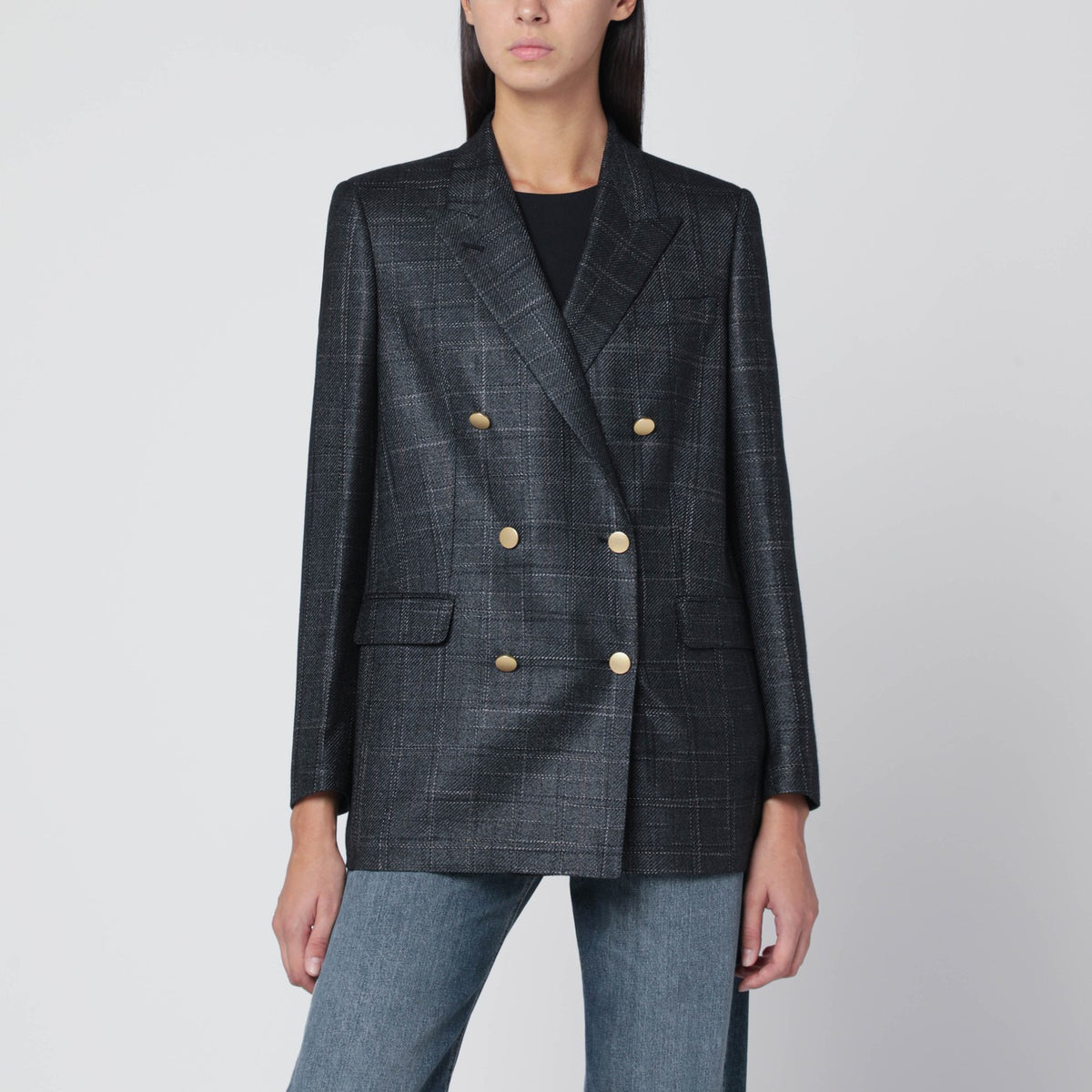 Tagliatore Tagliatore Black Double Breched Checked Wool Blazer - Image 2