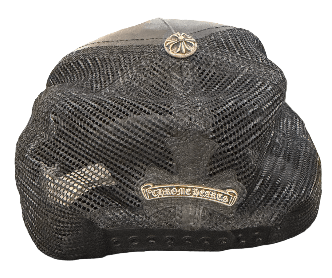 CHROME HEARTS 'FLEUR DE LIS' BLACK LEATHER TRUCKER HAT
