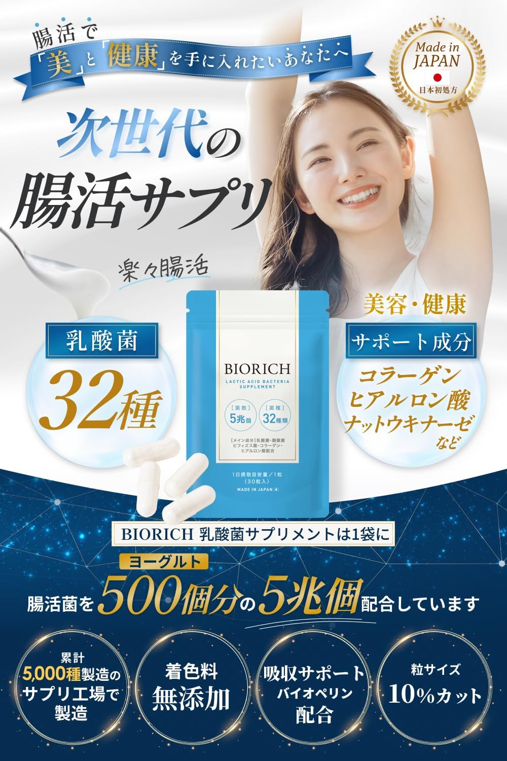 【Ideal Gut Health with 5 Trillion × 32 Types of Gut Health Bacteria】Lactic Acid Bacteria Supplement, 1 capsule per day for 30 days [Contains Bifidobacteria, Butyric Acid Bacteria, Beauty & Health