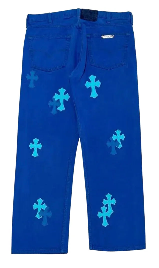 CHROME HEARTS 'LONDON EXCLUSIVE BLUE CROSS PATCH' JEANS