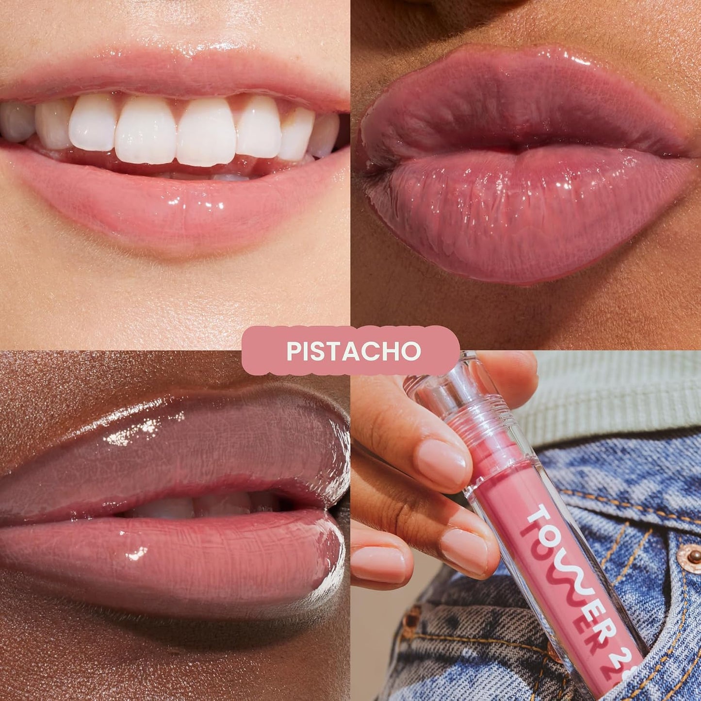 Tower 28 ShineOn - Jalea de labios lechosa, PISTACHIO, antiadherente, brillo labial vegano hidratante en rosa nude lechoso, aceite hidratante de albaricoque y semillas de frambuesa, limpio, libre de
