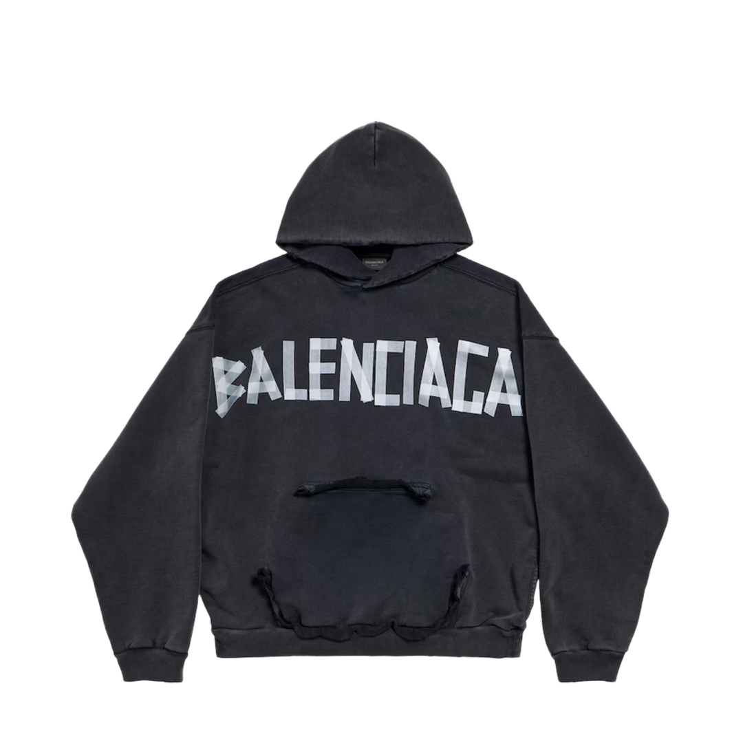 BALENCIAGA 'DISTRESSED TAPE LOGO' BLACK HOODIE