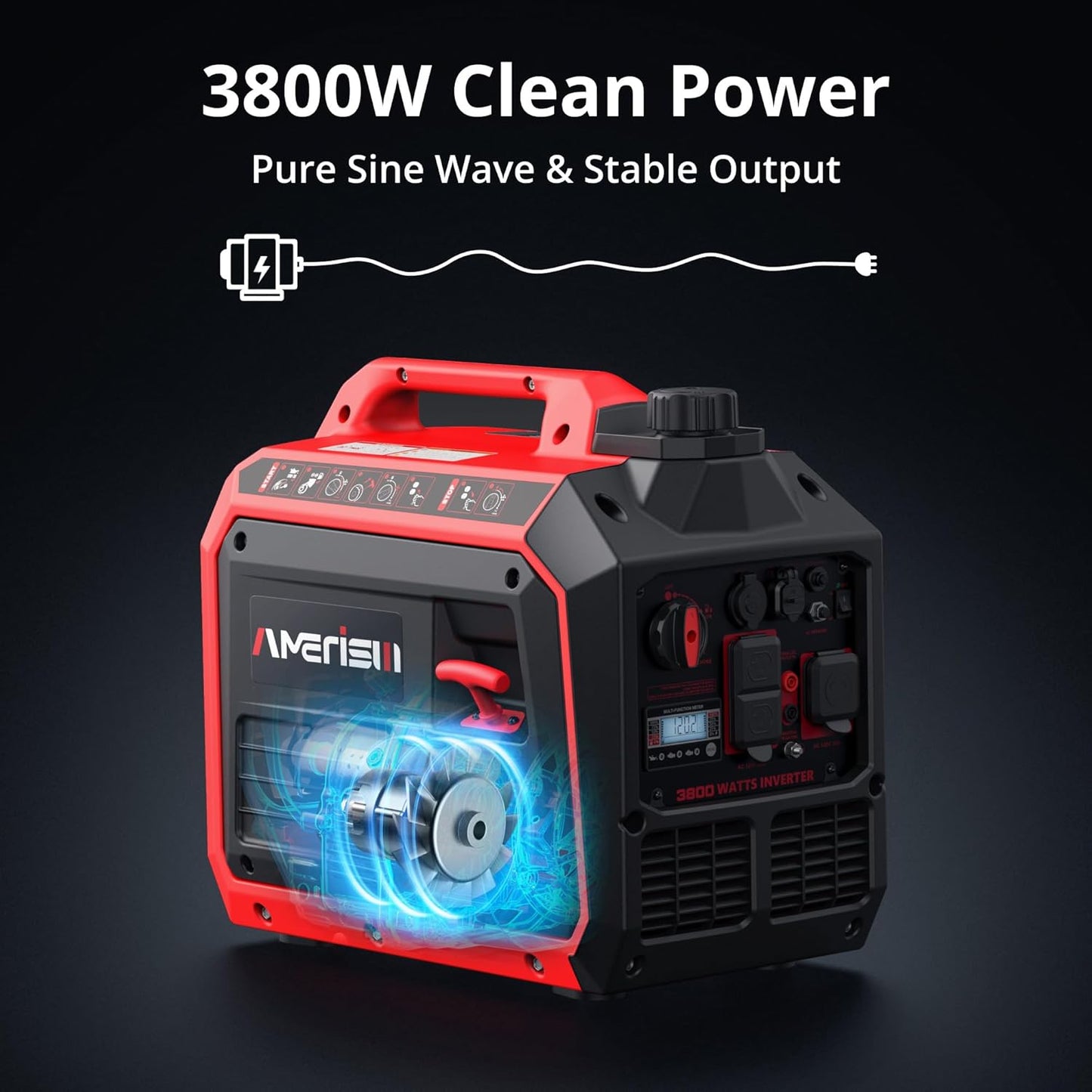 3800W Gas Powered Portable Inverter Generator with CO Sensor Gas Generator ECO Mode Digital Display Parallel Support EPA Compliant Long Working Time Camping Tailgate Home Quiet Lightweight