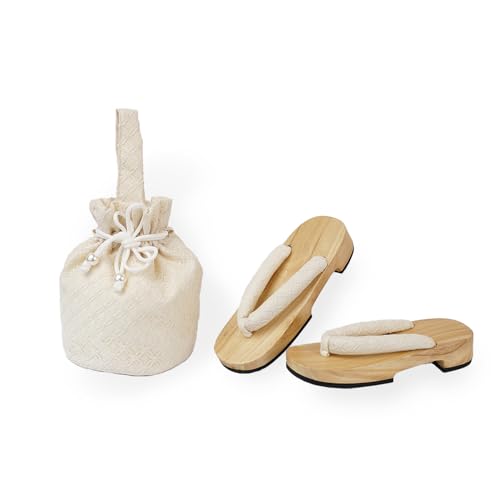 Amemari Shiraki Clogs, Drawstring Bag Set, 2-Piece Set, Women's, White Wood, Yukata Clothing, Hakama Clothing, Setup, Yukata, Painless, Ultra Soft Nose, Yukata Bag, Embroidery, Lace, Japanese, Western
